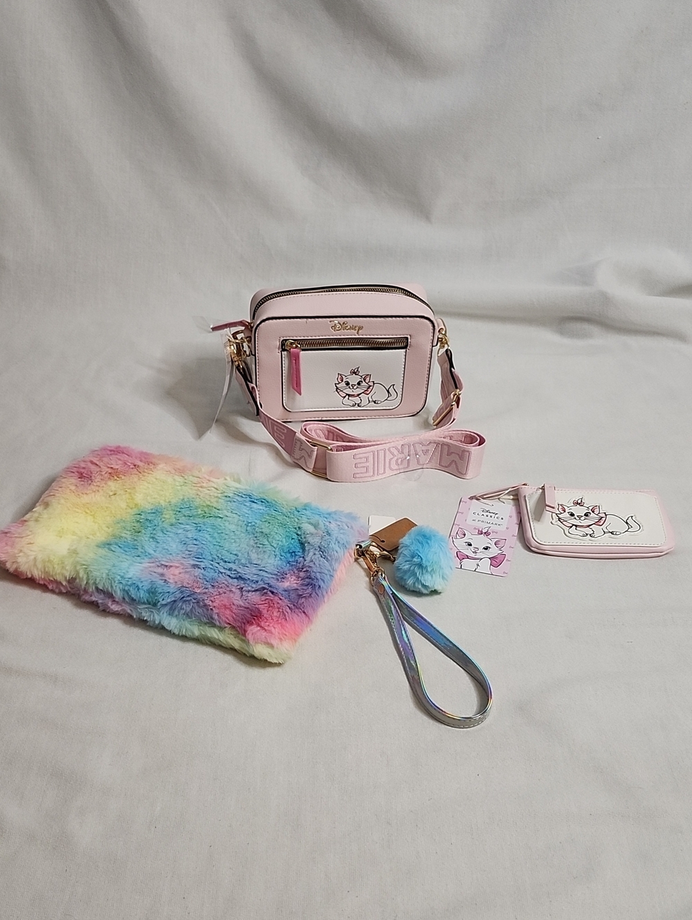Disney Pink Marie Crossbody Bag, Coin Pouch with Rainbow Plush Crossbody Bag